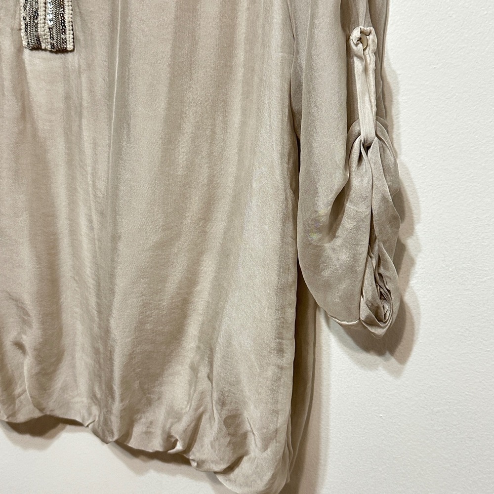 Belle France Blouse Womens M Silk Blend Sequin V-Neck Champagne Shimmer Luxury - Picture 4 of 10
